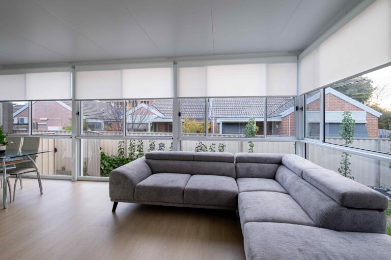 Living room with wrap-around window