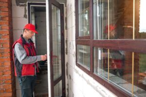 Man inspecting door