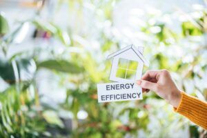Woman holding miniature house reading: Energy Efficiency