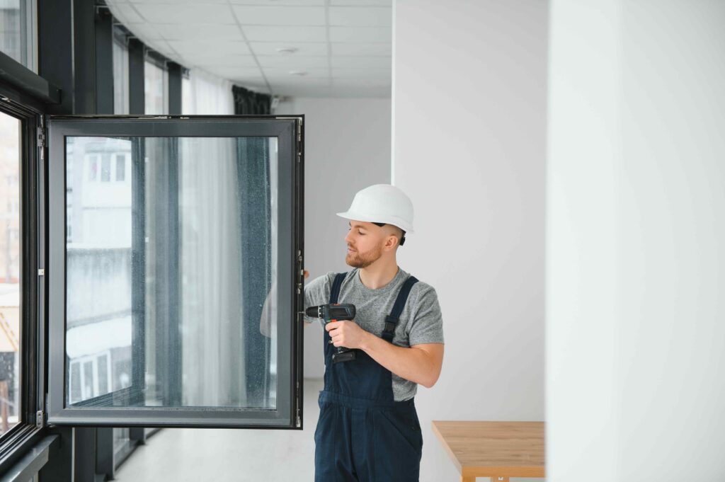 Man installing an aluminum pane window