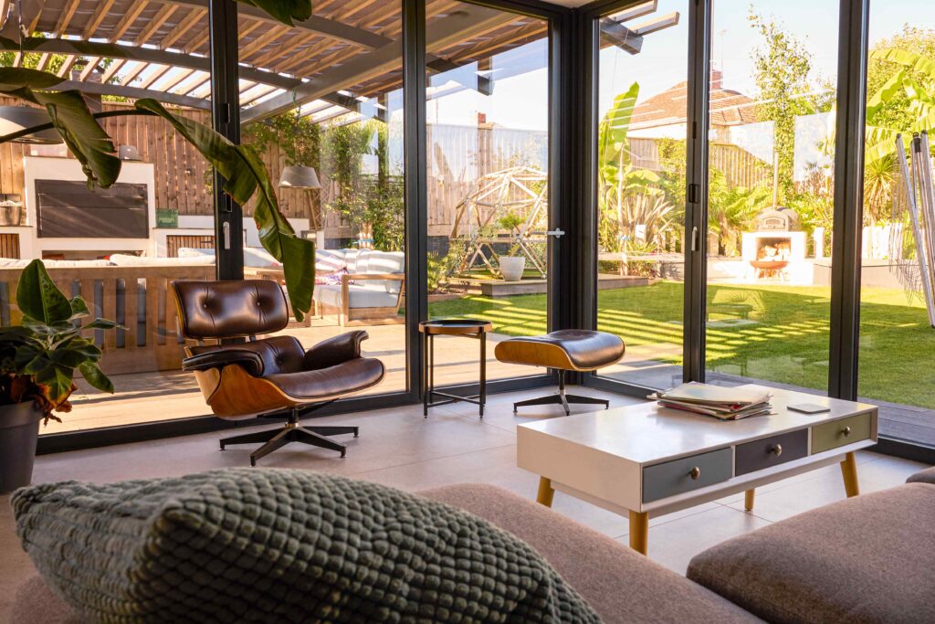 Glass wall enclosing a living room
