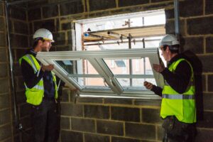 Two men installing fiberglass pane windows