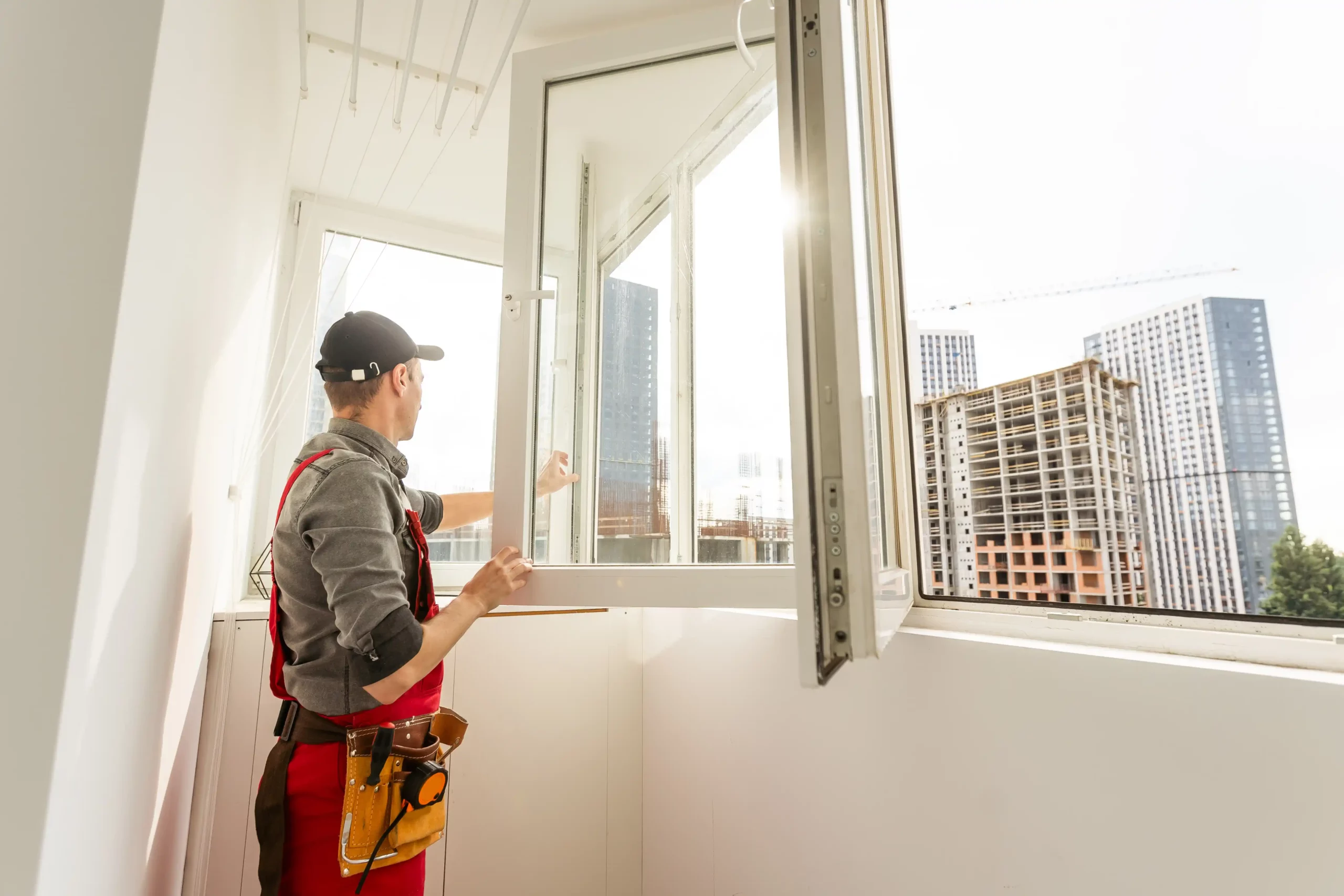 A construction worker in overalls and a cap inspects an open window on a balcony, with city buildings visible in the background.