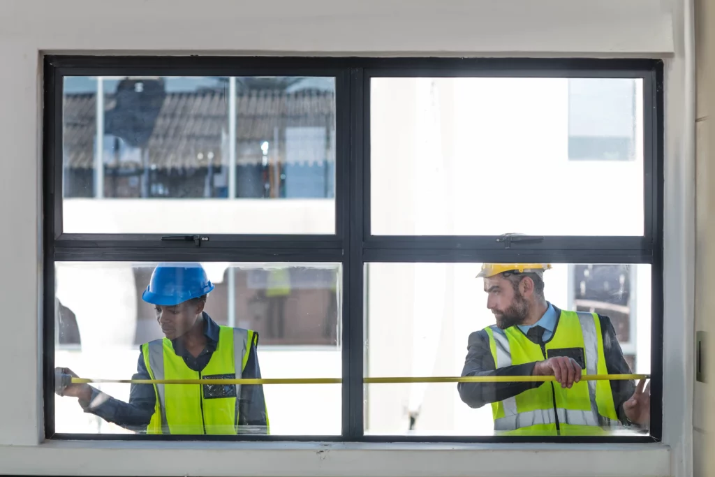 Two construction workers in safety vests and helmets measure a window with a tape measure from inside a building.