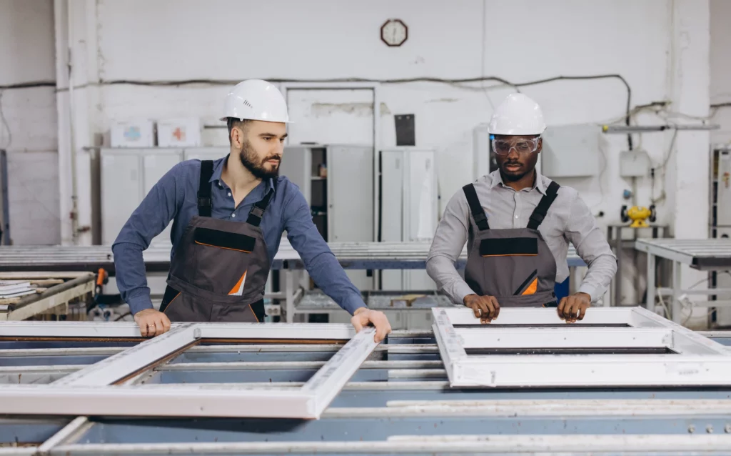 Two workers in safety helmets and overalls assemble window frames at a factory workstation, with tools and equipment visible in the background.