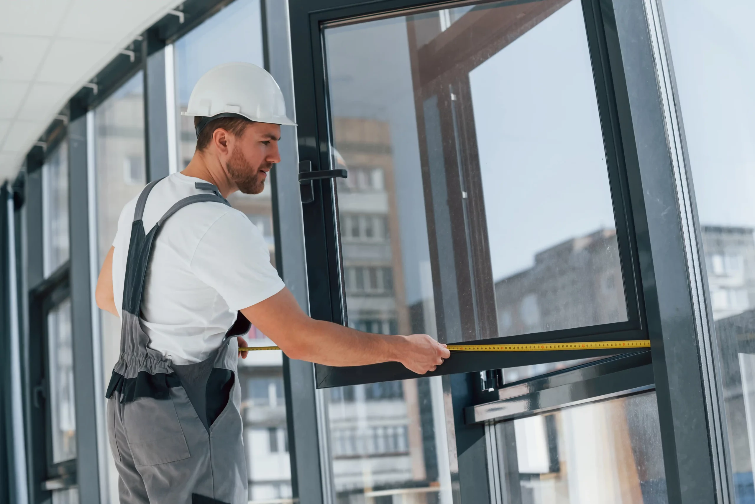 Construction worker in overalls and a hard hat installs impact windows, measuring the window frame with a tape measure inside a building.