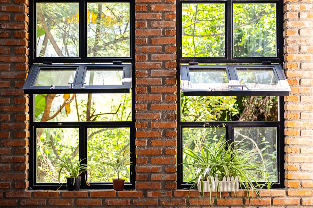 Two large black-framed windows set in a brick wall with green plants on the sills; outdoor trees are visible through the glass.