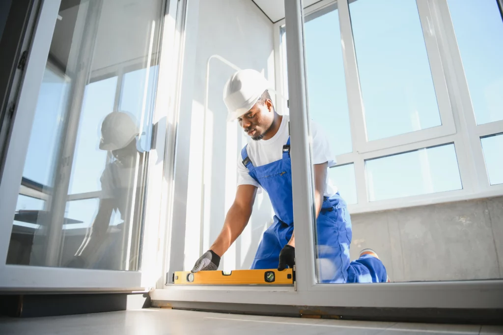 A construction worker in blue overalls and a white hard hat uses a spirit level to check the alignment of a sliding glass door installation.